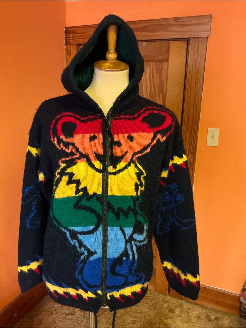 Grateful Dead Dancing Bear Rainbow Knit Zip Hoodie Sweater Full Zip Deadhead - Picture 9 of 14